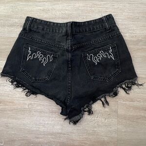 Black Denim Shorts with Flame Embroidery
